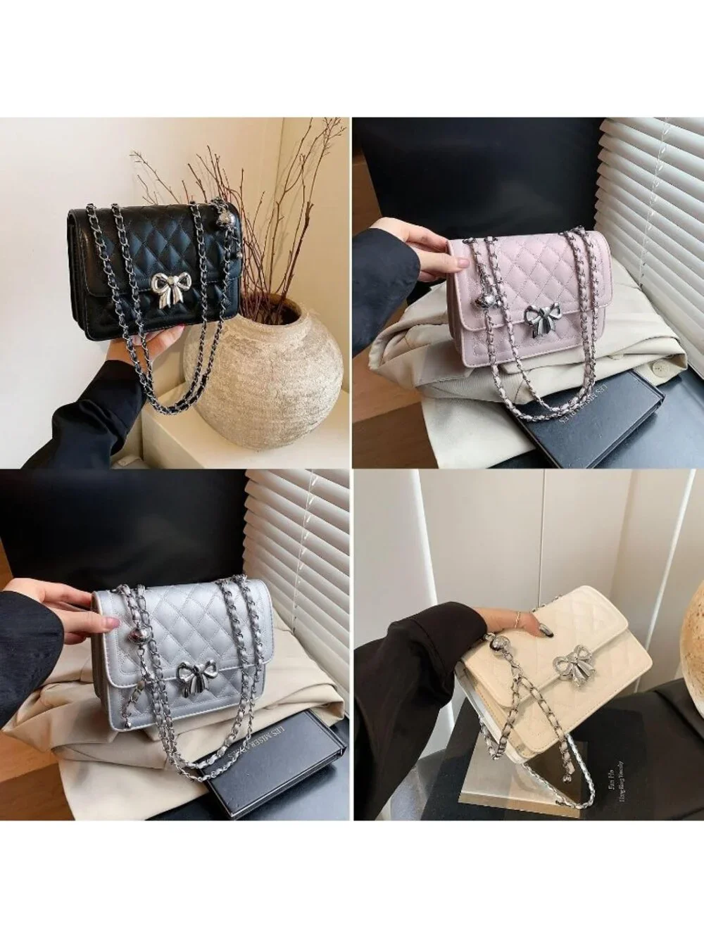 Women's Silver Quilted Small Pu Leather Shoulder Purse Chain Crossbody Bag